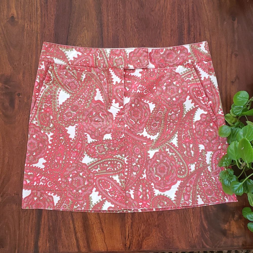 Vintage J.Crew Paisley Cotton Mini Skirt Red Pink Size 2 Pockets - Picture 4 of 13